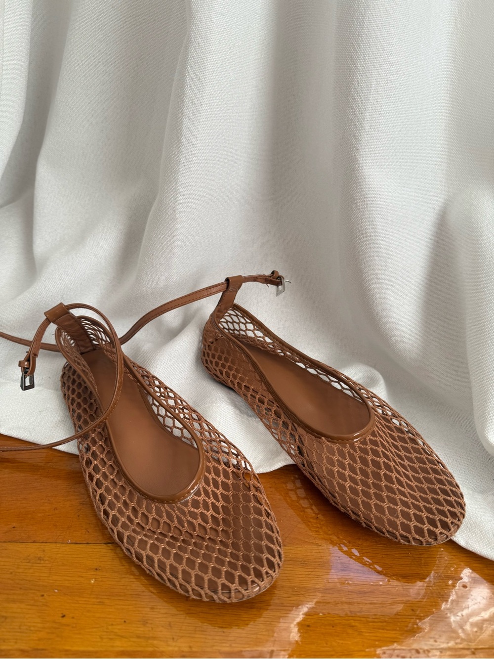 Woven Faux Leather Ankle-Strap Flats in Brown